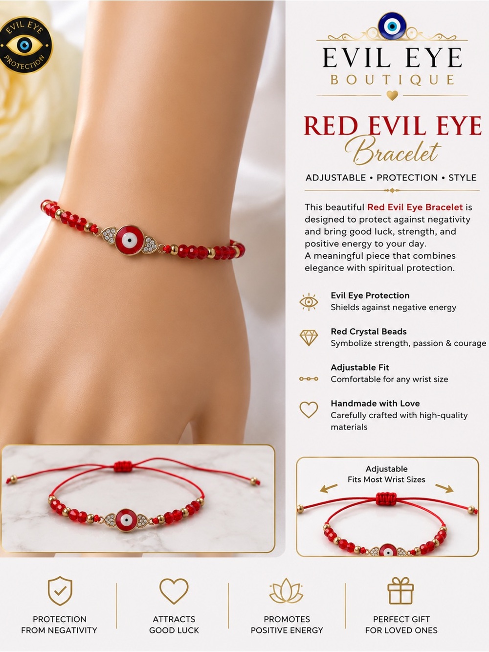 Red Evil Eye Bracelet - Adjustable Red Protection Bracelet